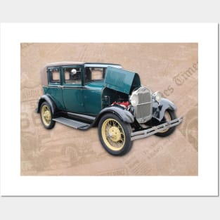 Vintage Blue Car on Old Route 66 on Newsprint Posters and Art